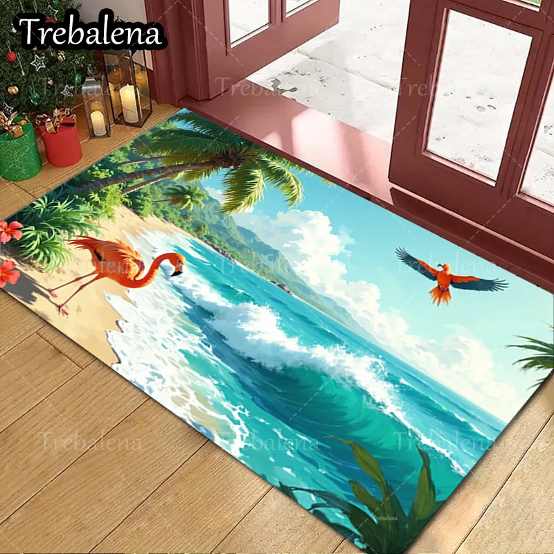

1pc Welcome Door Mat Tropical Beach Scene Doormat with Flamingo and Parrot Design
