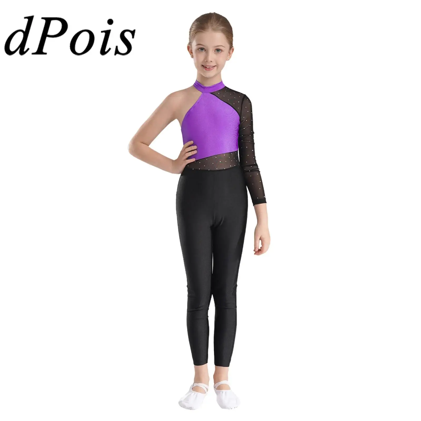 Kids Girls Ballet Gymnastics Jumpsuit One Shoulder Yoga Bodysuit Sheer Mesh Long Sleeve Leotards Figure Skating Dance Costume