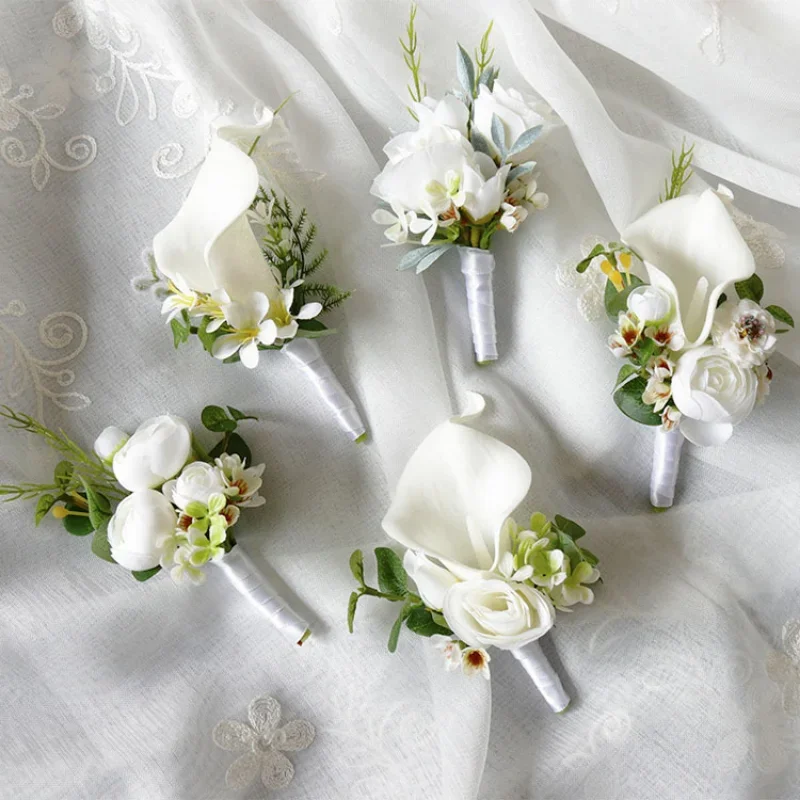 สีขาว Boutonniere ข้อมือ Corsage เพื่อนเจ้าสาวงานแต่งงานตกแต่งเจ้าสาวดอกไม้อุปกรณ์เสริม de mariage