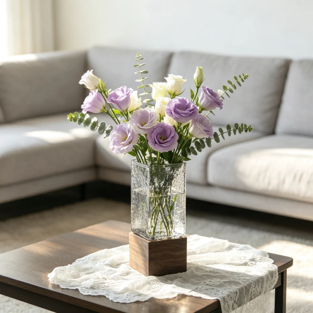 Nordic Glass Vase with Wood Base Square Water Nourishing Flowers Ornament Flower Arrangement Utensils Living Room Decoration