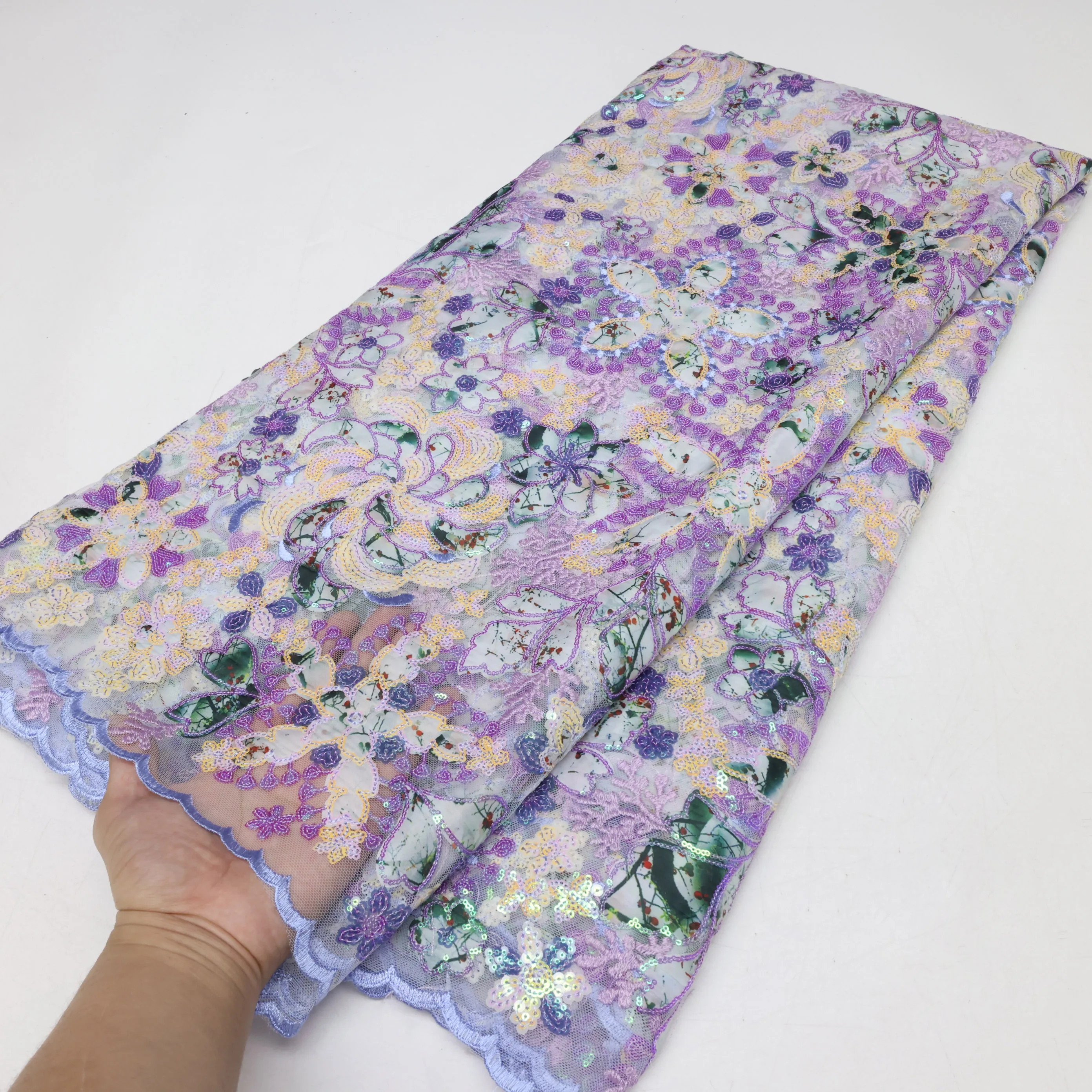 African Sequins Flocking Lace Fabric