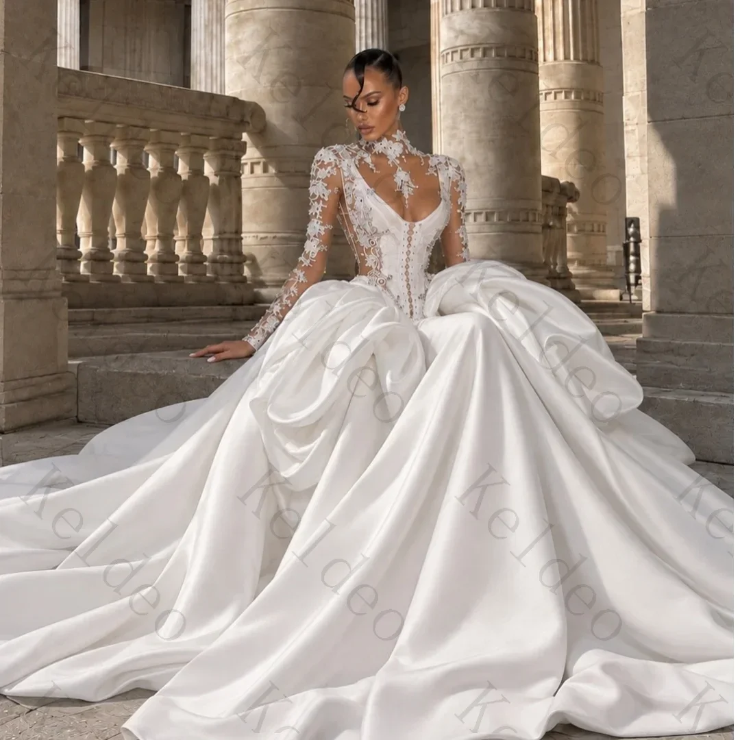 Customized Fashion High Neck A-line Long Sleeves Wedding Dresses Lace Applique Ruched Pleated Open Back Floor Length Bride Gowns