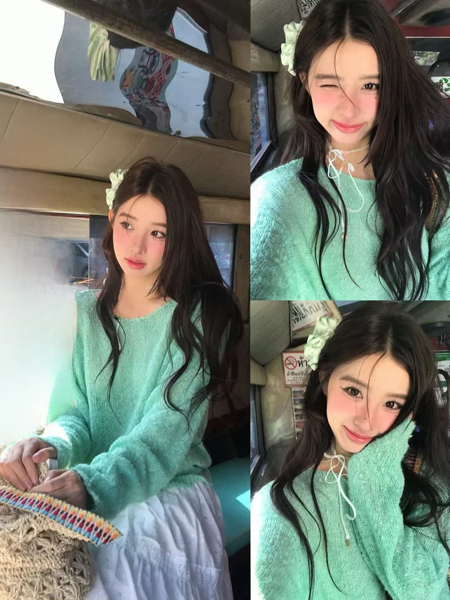 

Sweet Chic Thin Long Sleeve Knitted Sweater Candy Color T-Shirt Top for Women Spring 2026 Soft Style Loose Fit UV Protection