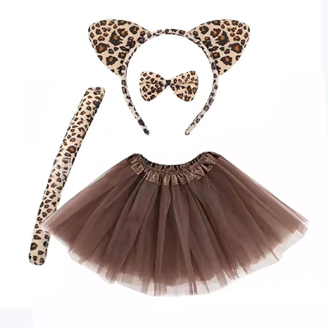 4 sztuki kot dla dziewczynek dla dzieci kobiety gepard uszy opaska ogony łuk ogon lampart zwierzęta zestaw kostium na Halloween Cosplay