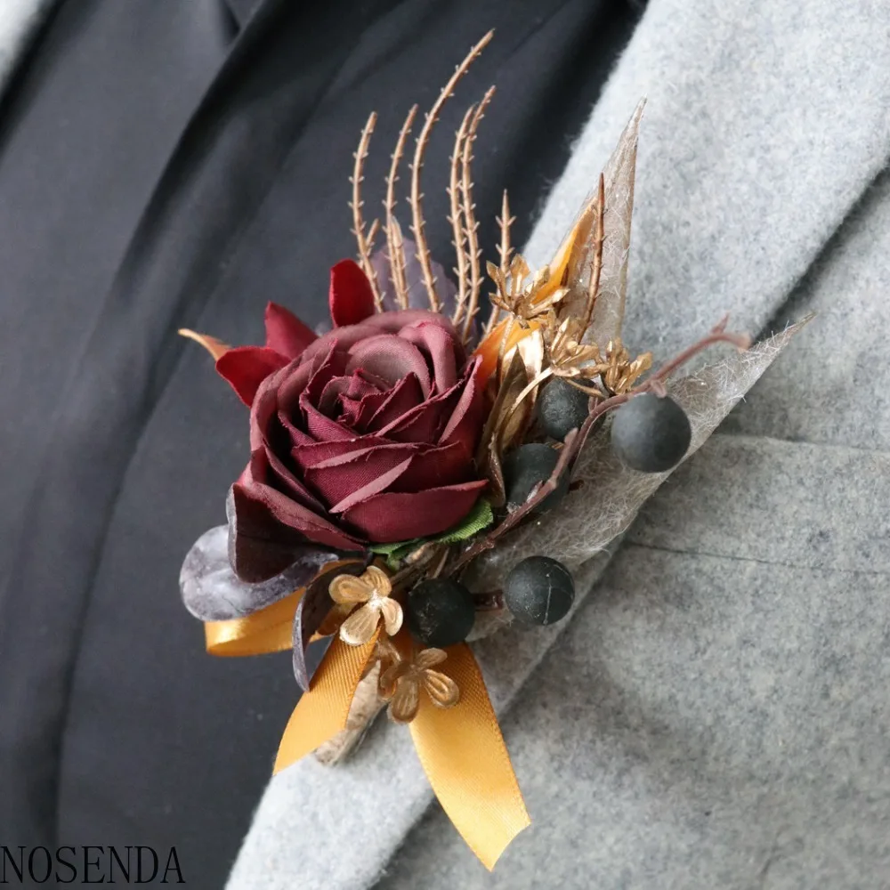 ブルゴーニュシルクローズ造花男性新郎ブートニア花嫁介添人手首コサージュブートニア結婚装飾