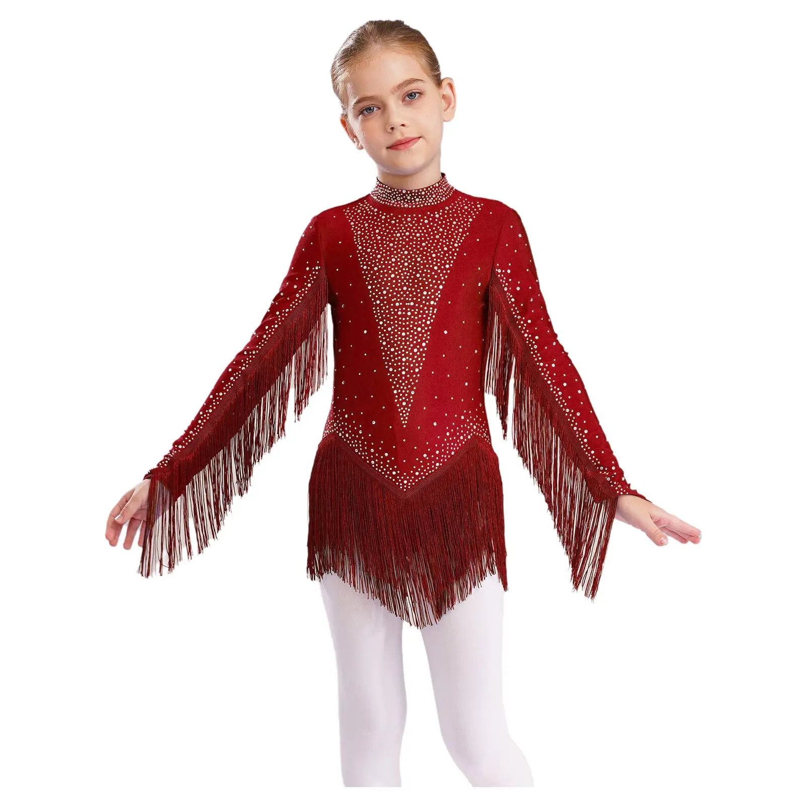 

New Kids Girls Tassels Latin Dance Leotard Dress Mock Neck Long Sleeve Cutout Back Sparkling Rhinestones Fringe Skirted Bodysuit