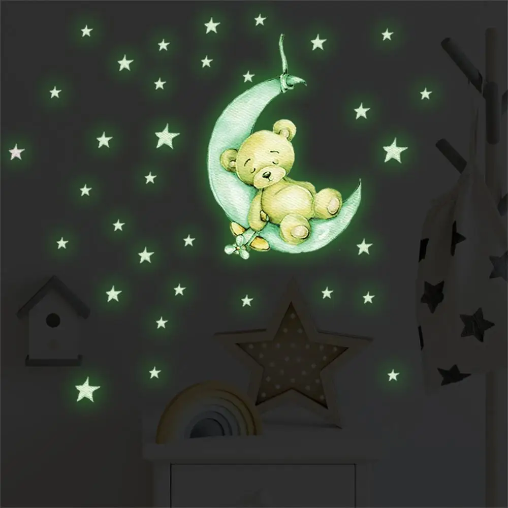 

Cartoon Teddy Bear Sleeping on the Moon and Stars Luminous Wall Stickers Glow In The Dark For Children Room Fluorescent Decals