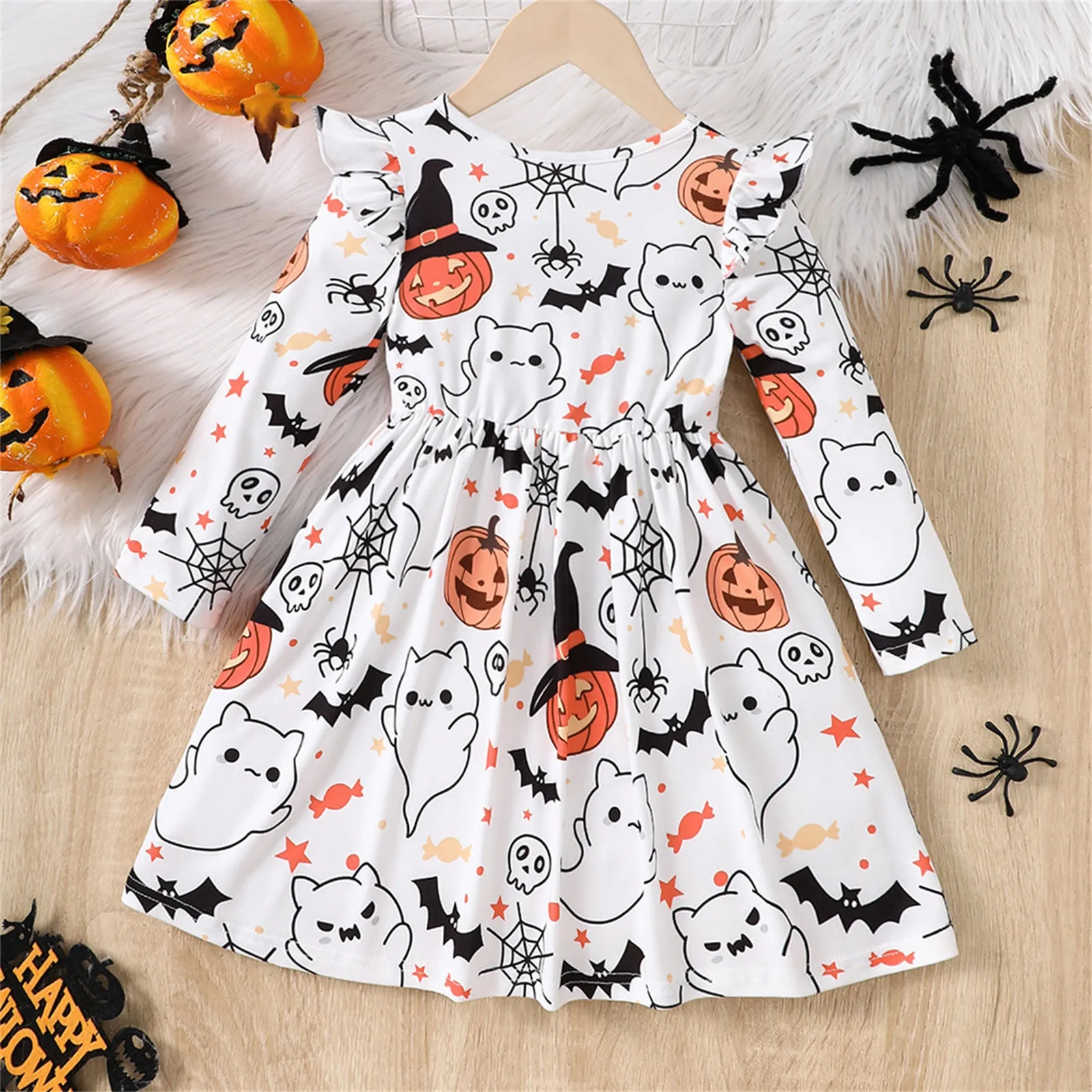 Toddler Baby Girls Halloween Dress Cartoon Pumpkin Print Long Sleeve Dresses Kids Girls Halloween Outfit Party Princess Vestidos