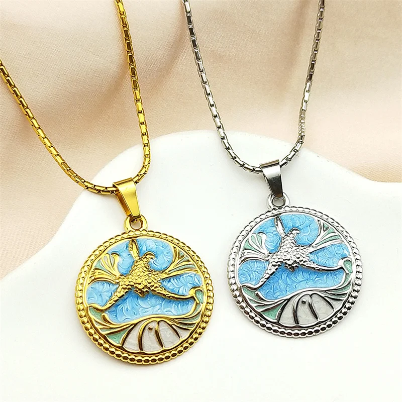 

Blue Bird Shell Pendants Necklace For Women Men Enamel Oil Painting Ocean Stainless Steel Summer Party Chain Jewelry Accessories