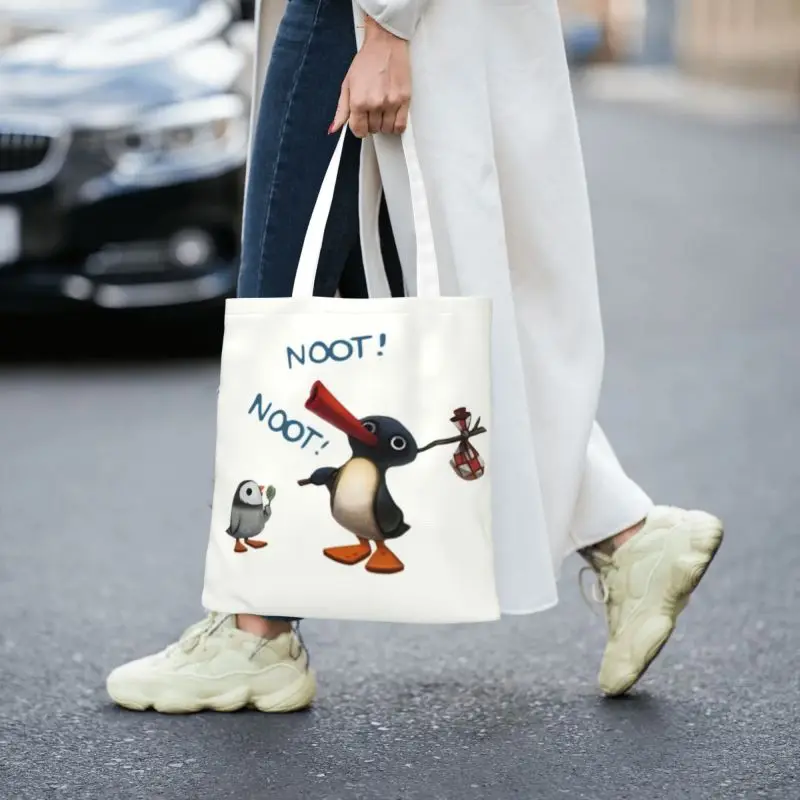 Custom Noots Pingu Penguin Canvas Shopping Bag Women Portable Groceries Tote Shopper Bags