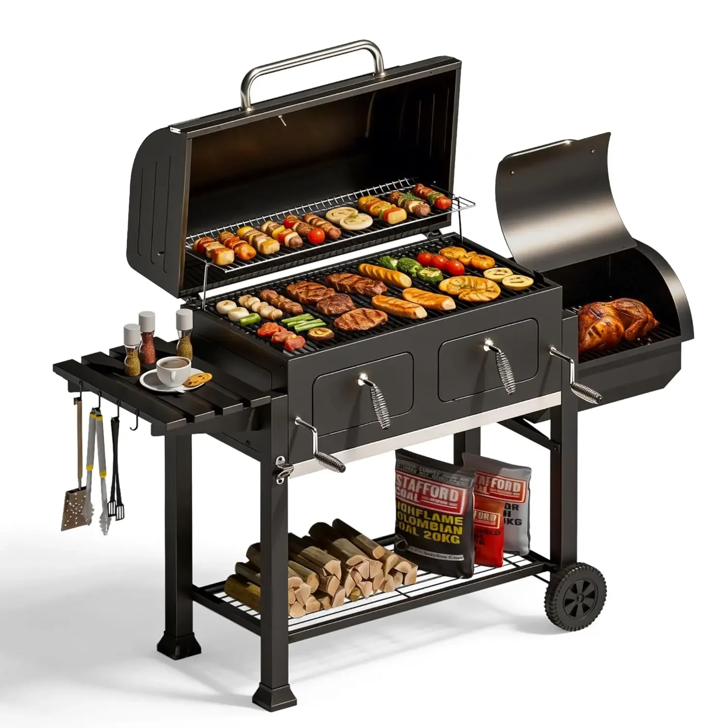 

49in 2in1 Charcoal Grill Smoker Combo Enamel Tray 1015sqin Adjustable Vent Chimney Outdoor BBQ, Custom