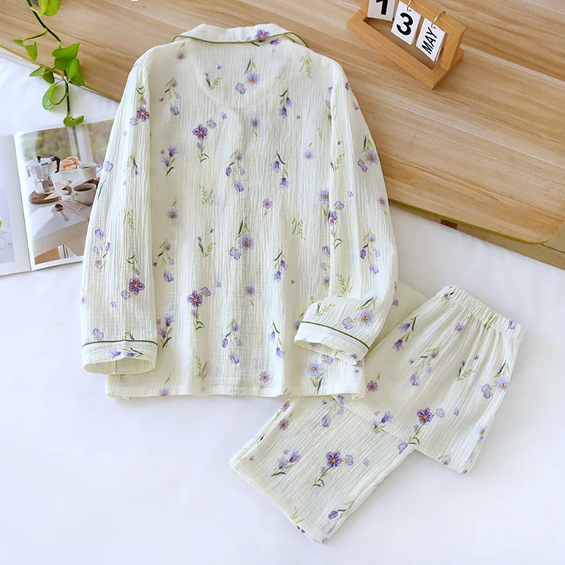 Spring / Autumn Cotton Long Sleeved Pants Pajamas for Women Washed Crepe Fabric Home Clothing Purple Flower Print Loungewear