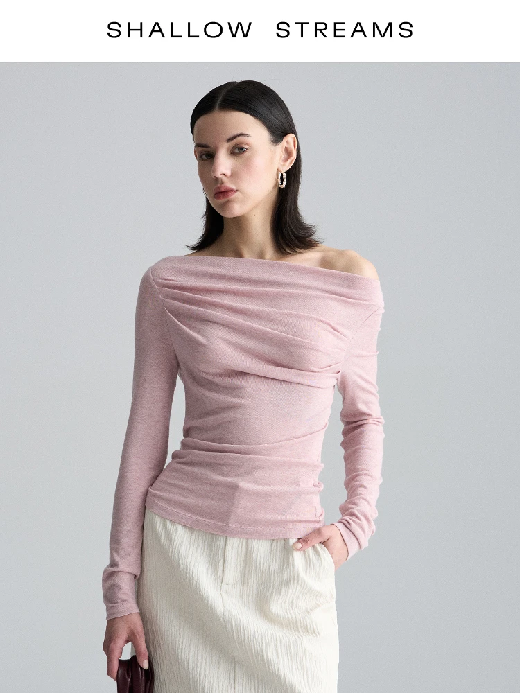 

Lichi's Sea Wool Long Sve One-oulder Women's T-irt Ele Pink Casual Slim Fit Spring Faion Design