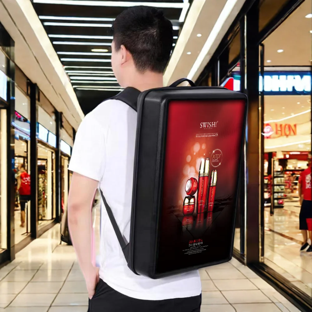 Outdoor Waterproof 21.5 Inch Advertising LCD Smart Human Walking Backpack Food Delivery Digital Backpack With LCD Screen