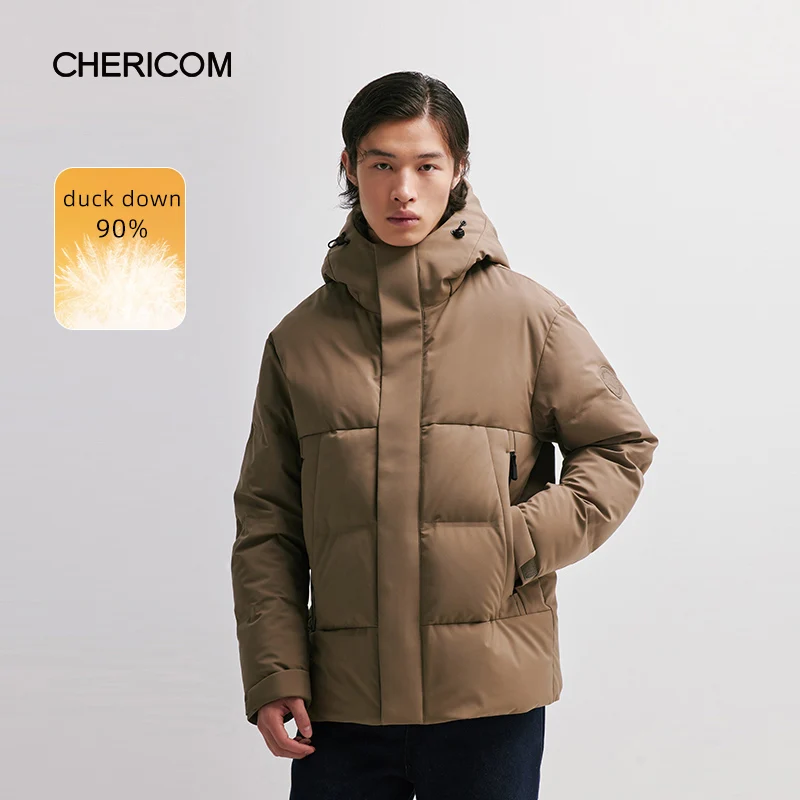 Chericom Short Hooded Solid Color Tooling Down Jacket Men's 2024 Winter Thickened sofe Warm Closed Sleeve Multi-Pocket coat