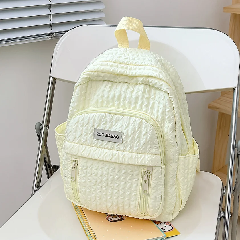 Women Pleated Fashion Backpack Japanese Lightweight Small Rucksack Nylon Solid Shoulder Bag Large Capacity Multi-Pocket Knapsack