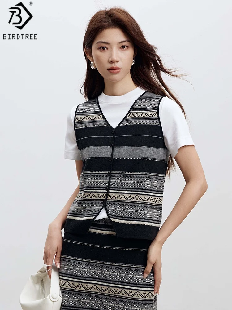 

Birdtree 28.8% Sheep Wool 3% Mulberry Silk Vest, Women Wool Silk Blend Sleeveless Stripe Knit Single Breasted Coat T58736JF