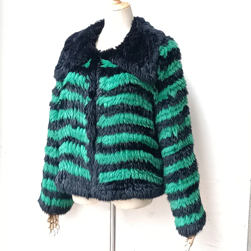 Frauen Winter gestrickt echte Kaninchen Pelzmantel Langarm Echtpelz Jacke Outwear gestreifte kausale lose weibliche Jacken