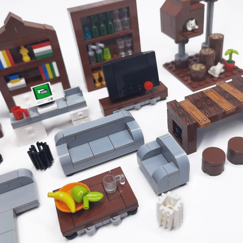 MOC-Bausteine, Möbel und Dekorationen für Wohnzimmer und Schlafzimmer – Bett, Bücherregal, Sofa, Computertisch, kleine Pflanzgefäße, Spielzeugmodelle. – Detail 8