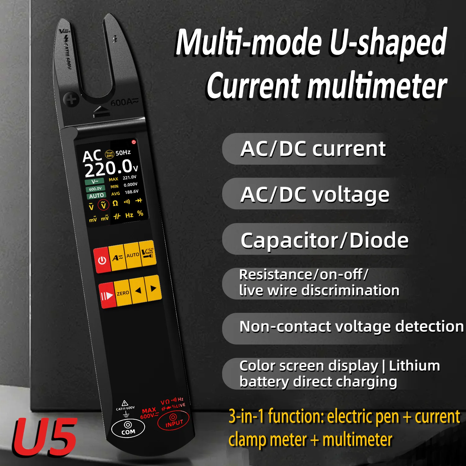 U5 Digital Clamp Meter Professional Electric Pen AC DC 600A AUTO Mode Ammeter Pliers Intelligent Multimeter Electrician Tools