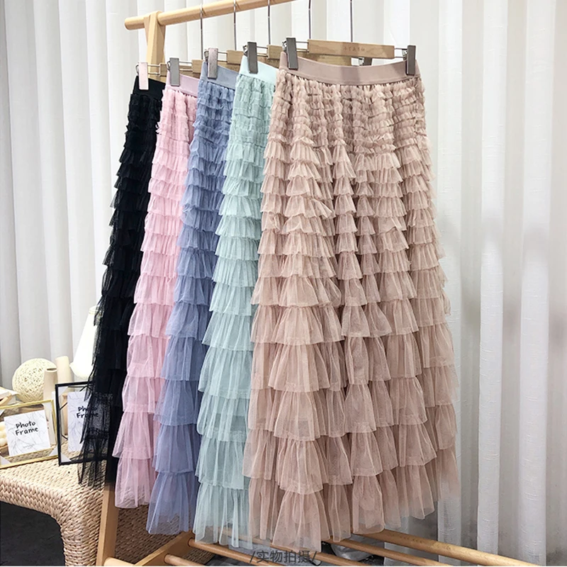 95cm 2023 New Summer Solid Mesh Skirts Gothic Multilayer Patchwork Cake Skirts High Waist Slim Maxi Tulle Skirts for Women