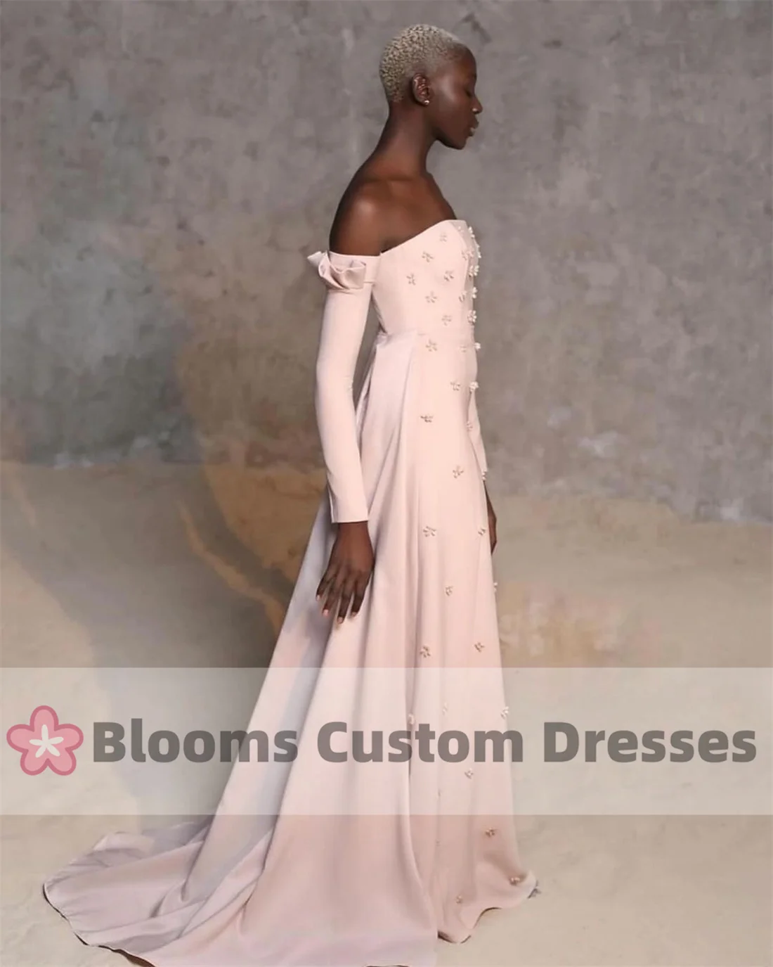 Blooms Beaded A-line Customized Gorgeous Evening Dresses Long Oversleeves Formal Occasion Wedding Party Dress For Prom