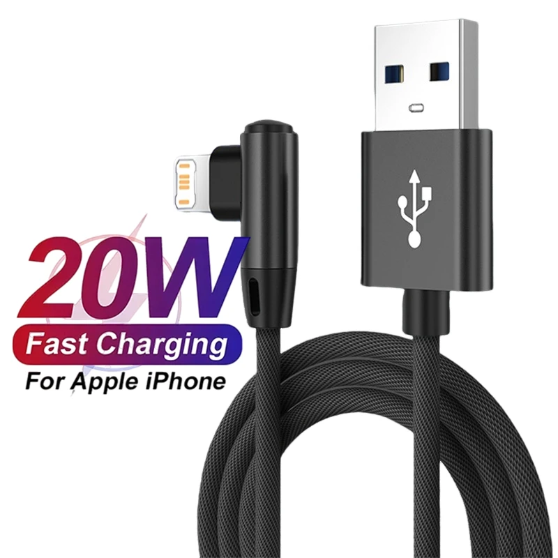 90 Degree Elbow USB Charging Cable for iPhone 11 12 13 14 Pro X XR XS Max 7 8 Plus Nylon Braided Fast Charger Gaming Cable 2m 3m