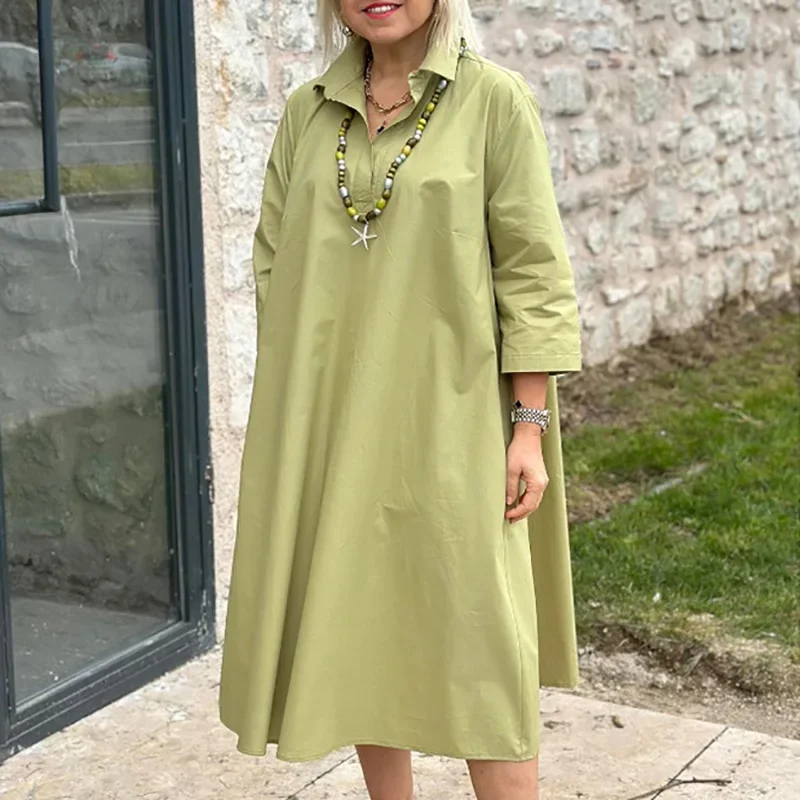 Primavera verão 3/4 manga solta camisa vestido senhora do escritório lapela bolsos sólido a linha vestido simples temperamento viajando midi vestido