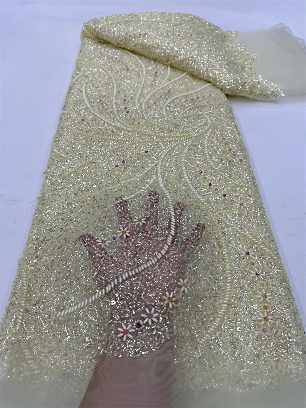 

African Nigerian Sequins Embroidery Tulle Lace Fabric, Sewing , Beads Stone Prom Dresses, High Quality, 5Yards, 2024 jy332