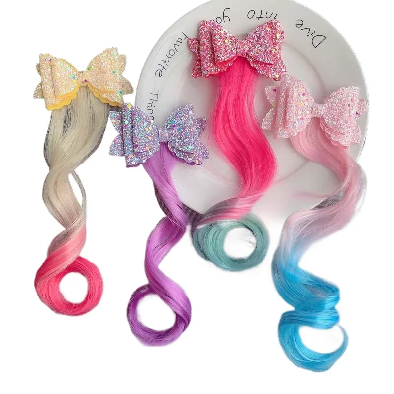 

Children Girls Headwear Gradient Color Bow Hairpin Kids Hair Bands Ties Girls Colorful Wigs Bows Headbands Hair Clips Braid