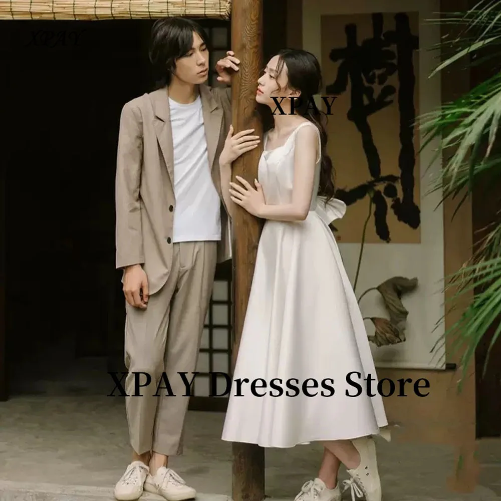 XPAY Square Neck A Line Tea Length Wedding Party Dresses Korea Photo shoot Thick Matte Satin Bridal Gowns Receiption Cusotmized