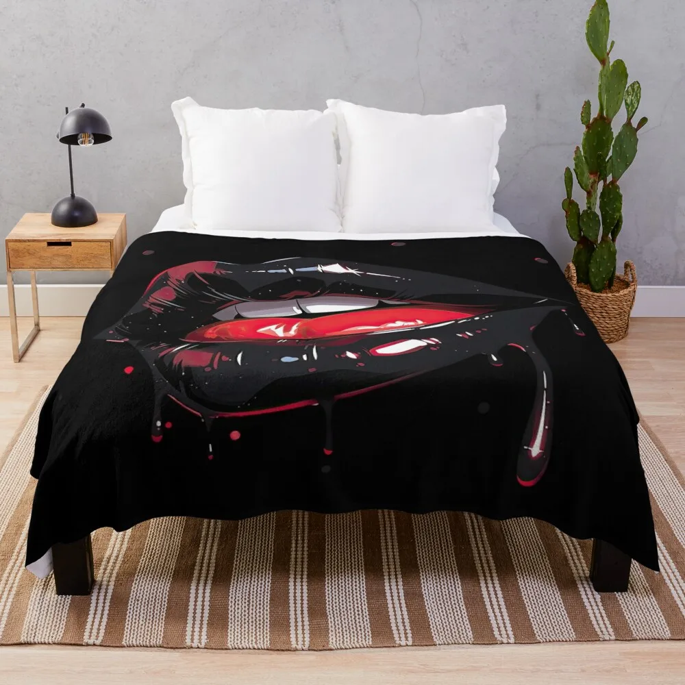 Black dripping girl lip - erotic kissing mouth Throw Blanket Flannel Fabric Quilt Bed covers Blankets