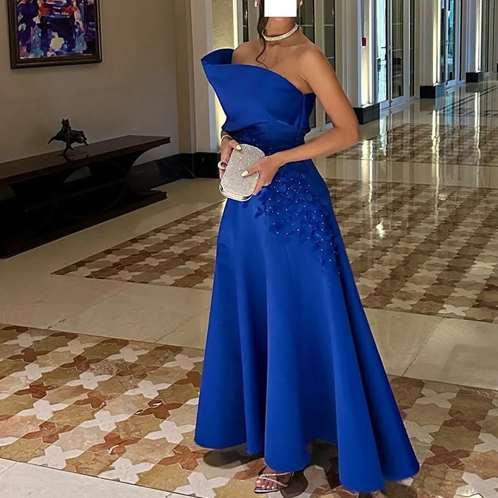 

Strapless Short Sleeves Jersey A-Line Ankle Length Appliques Backless Solid Color Elegant Evening Dress For Formal Occasion 2024