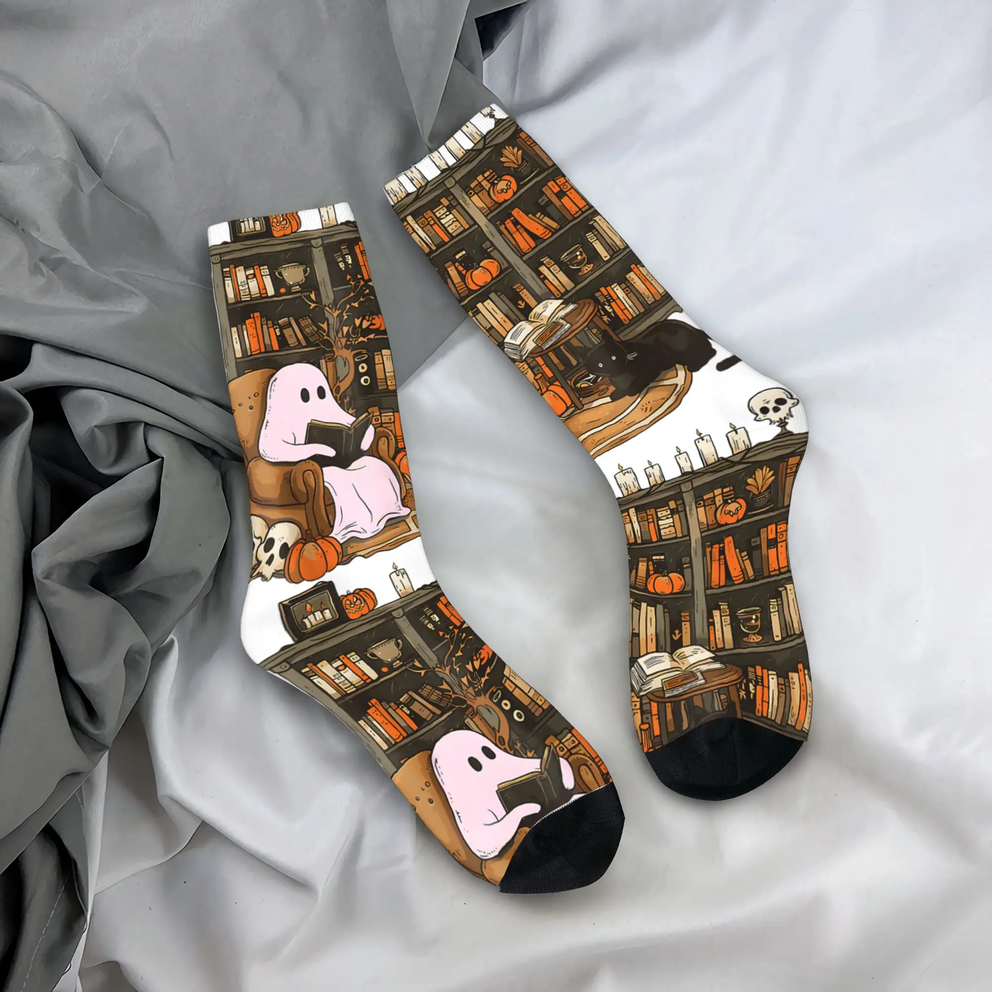 Vintage Ghost Book Reading Pumpkin Gothic Halloween Teachers Socks  Casual Stockings Winter Anti-Slip Adults Men Socks
