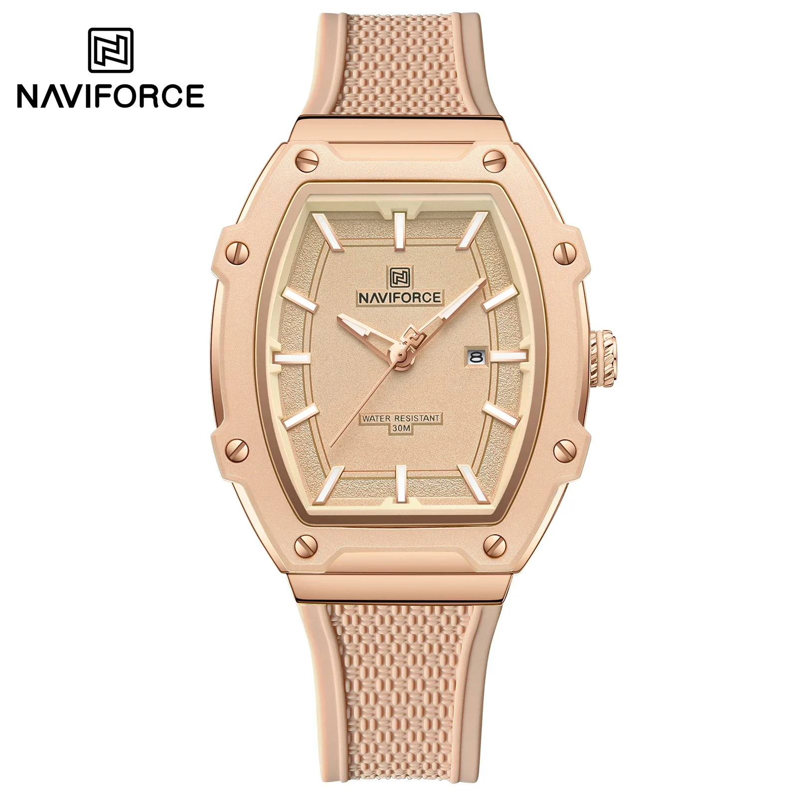 

NAVIFORCE NF8069 Women‘s Silicone Quartz Wristwatch Casual Barrel clock Shape Sport Alloy Dial Waterproof Couple Watch
