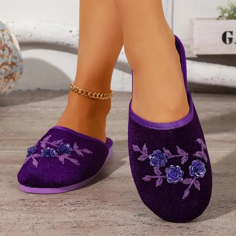Bunte Pailletten-Blumen-Hausschuhe für Damen, Herbst, leichte, weiche Plüsch-Mules, warme Schlafzimmer-Slipper für Frauen – Detail 5