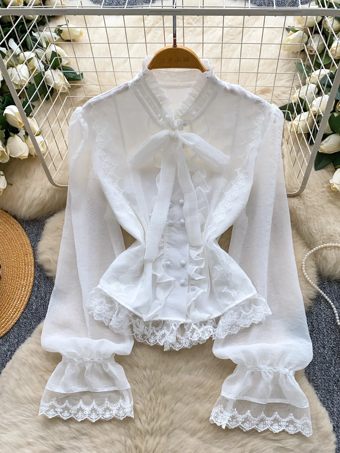 

2026 New Autumn Women Bow Lace Up Stand Collar Flare Sleeve Shirt Ruffles Lace Ptachwork Double Breasted Chiffon Shirt Tops