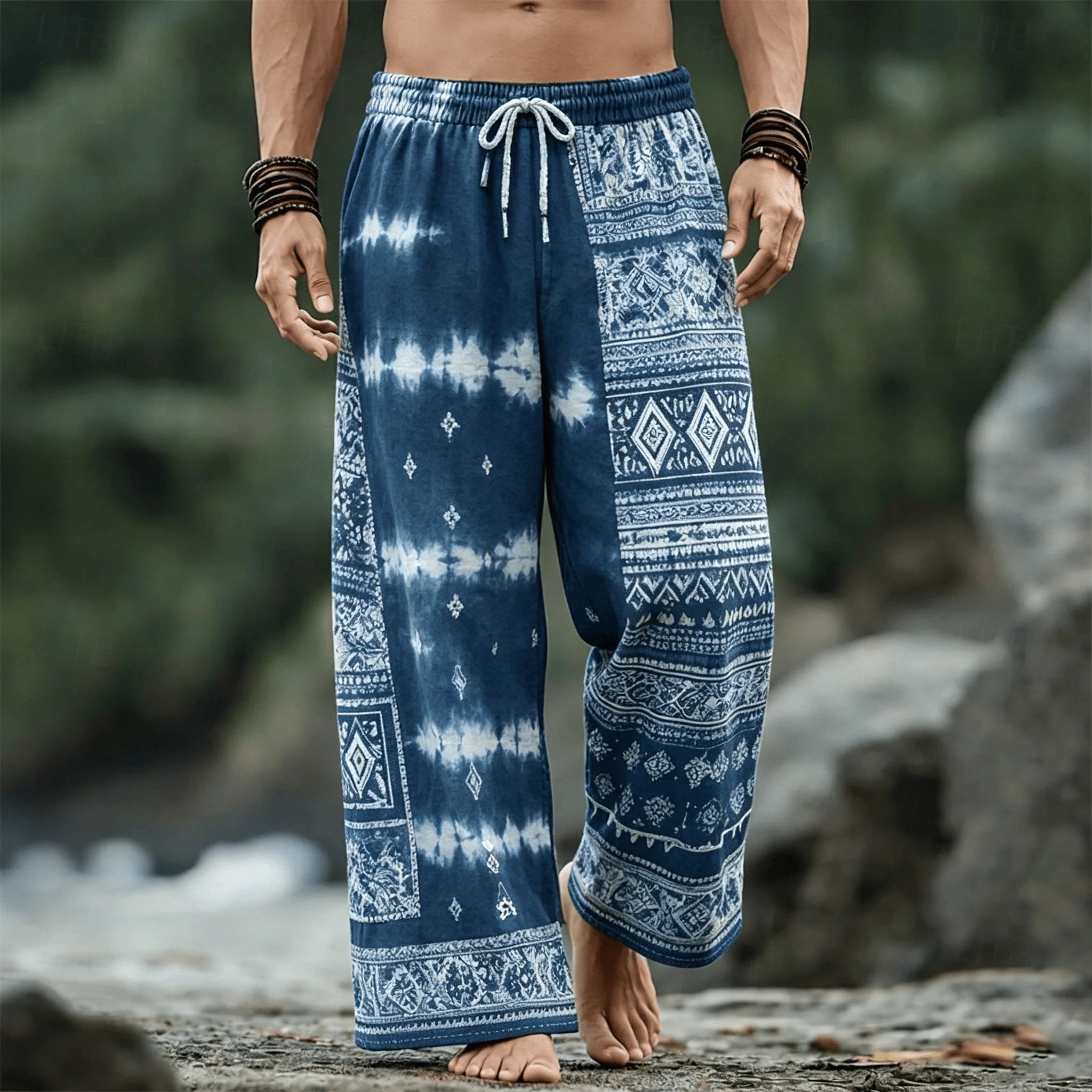 

Men's Modern Aztec Geometric Print Drawstring Pants, Casual Streetwear Wide Leg Pants for Spring Summer