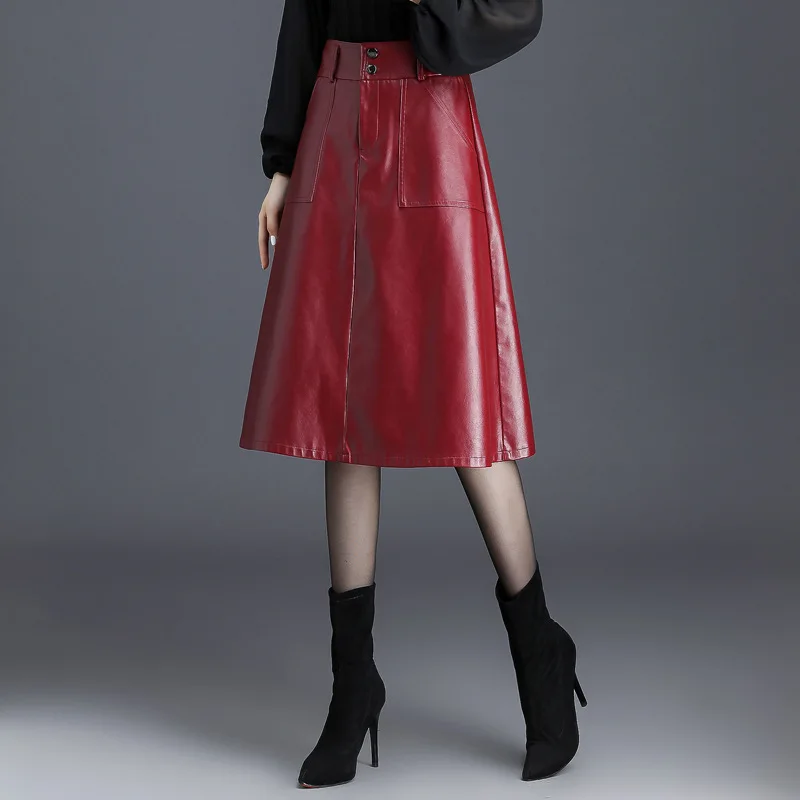 #1603 Black Red Faux Leather Skirt Women Split Joint Office PU Skirt Female High Waisted A-line Skirt Knee-length Pockets Winter