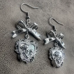 Silver Color Bowknot Baroque Cherub Cupid Heart Shaped Drop Earrings for Women Ribbon Bow Angels Dangle Earrings Valentines Gift