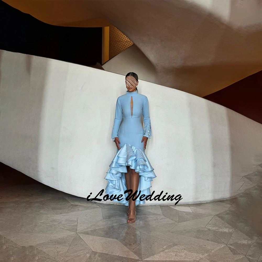 

Customized Saudi Arabia Women Evening Dresses 2026 Jersey Sheath Cocktail Party Dress Sky Blue Cocktail Party Ruffles Prom Dress