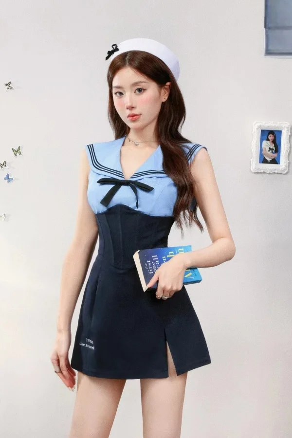 

Girls Academy Jk Uniform Set Sailor Collar Sleeveless Tank Top Women Wiasted Slim Fishbone A-line Skirt Summer Spicy Two Pieces