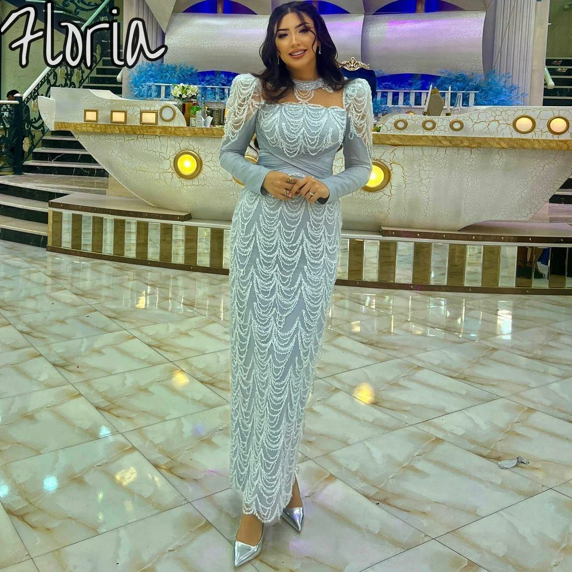 

Customized Arabic Muslim Long Sleeves Evening Dress Pearls Beadings Square Neck Prom Dresses Dubai Wedding Party Gowns For Women