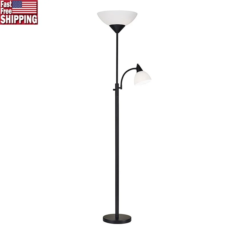 

300W Combo Torchiere Floor Lamp with Adjustable Gooseneck Reading Light Black Metal Base Modern Design Living Room