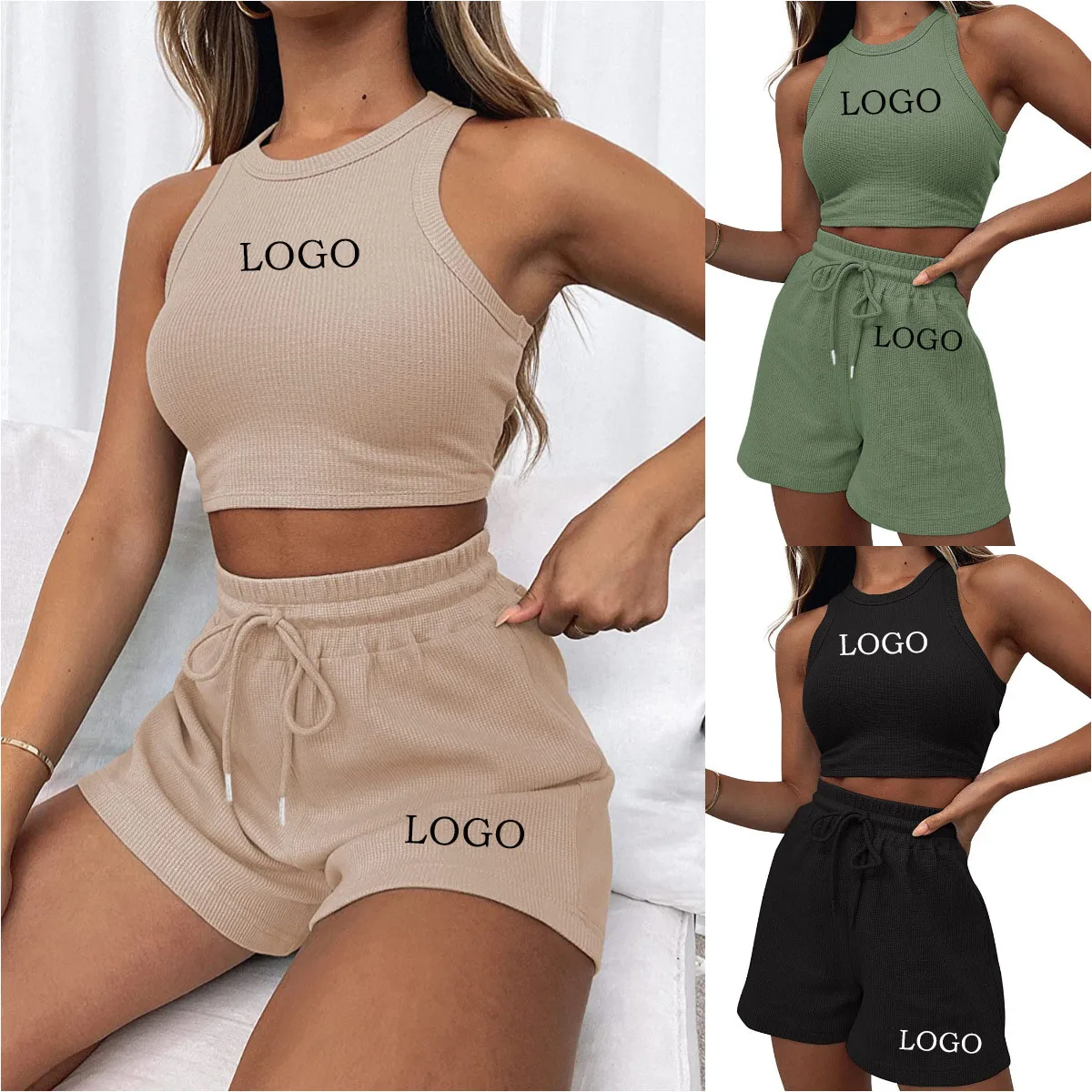 Custom 2023 Summer New Sleeveless Waffle Set Solid Color Tank Top Fashion Casual Short 2-Piece Women's Set