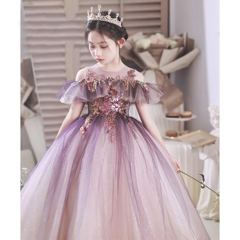 Flower Girls Birthday Party Princess Purple Off Shoulder Haftowana suknia ślubna Prom New Year Puszysta tiulowa sukienka dziecięca