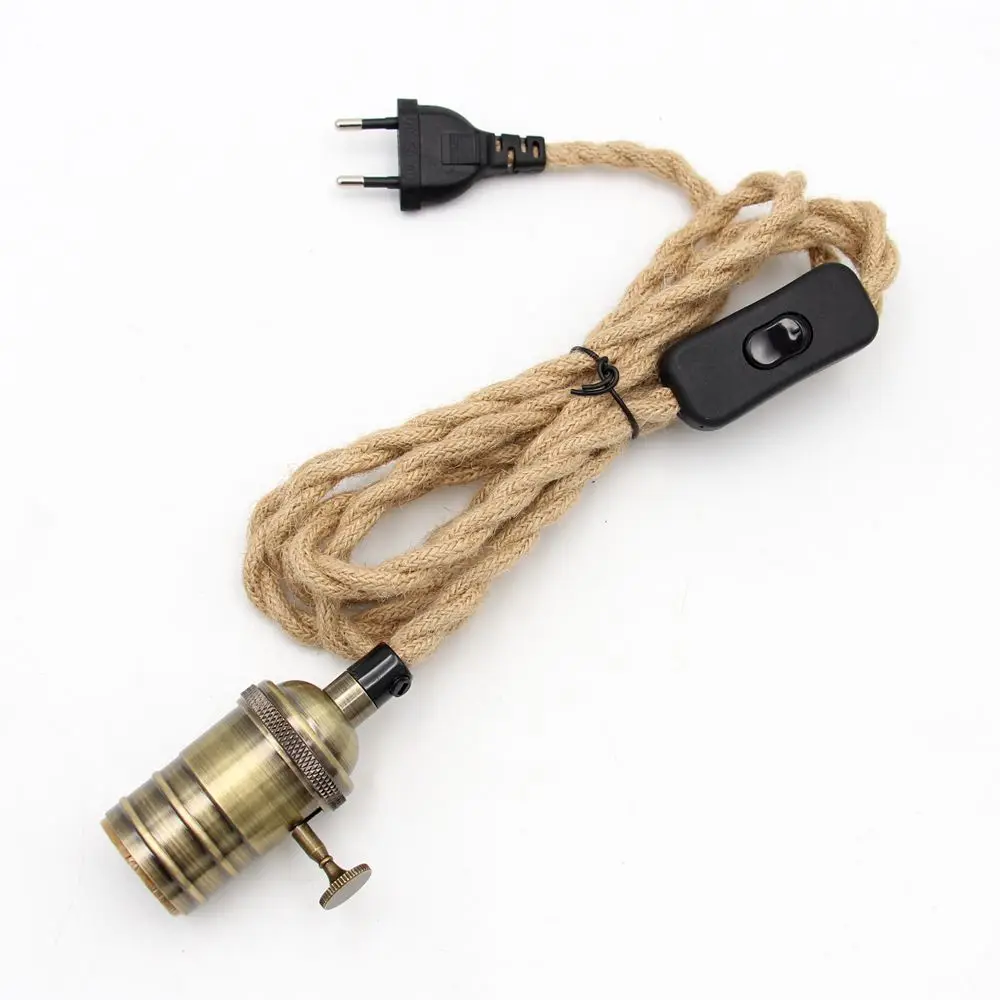 2m 3m  AC Power Cords Hemp Jute Rope Cable With EU Plug E26/ E27 Screw Vintage Lamp Bulb Holder For Hanging Lights