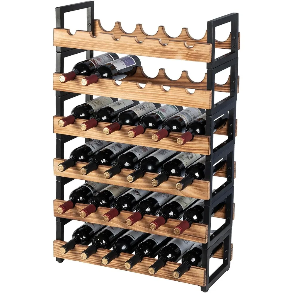 

6-Tier Industrial-Style Wine Rack for 36 Bottles - Freestanding Holder with Charred Wood Shelves and Black Metal Frame