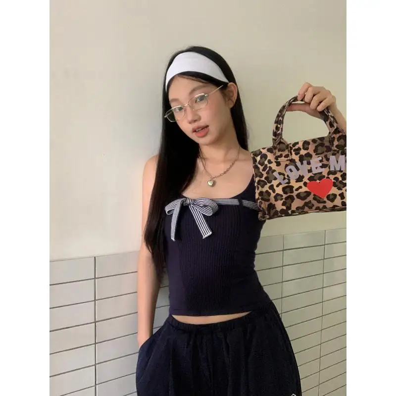 Genayooa Summer Y2k Vintage Tank Tops Sleeveless Streetwear Knit Crop Tops Patchwork Outwear T Shirt Women Backless 2000s