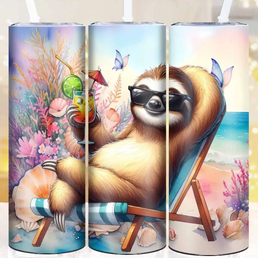 1Pc 3D Print Seaside Vacation Sloth Festive Party Cups Straw Lid 20oz Stainless Straight Tumblers Festive Holiday Party Supplies